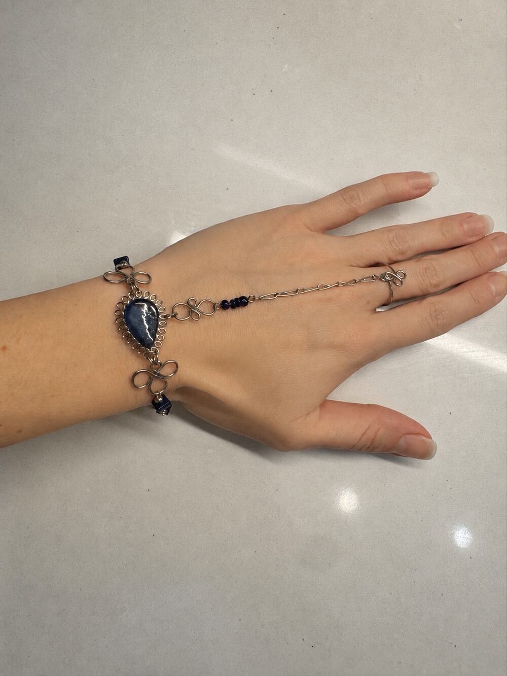 Blue Glass Silver Tone Wirework Boho Hand Chain Bracelet Ring